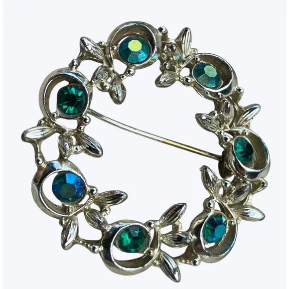 Vintage BSK Round Silver-Toned Brooch With Green Blue Rhinestones - Picture 2 of 13